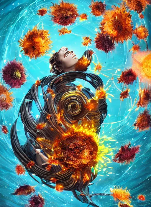 Image similar to An epic fantastic realism comic book style painting of the most beautiful spiraling entwined flowers launched exquisitely across the dark spinning universe, floating bouquets, fisheye, bright exploding sun, unreal 5, DAZ, hyperrealistic, octane render, dynamic lighting