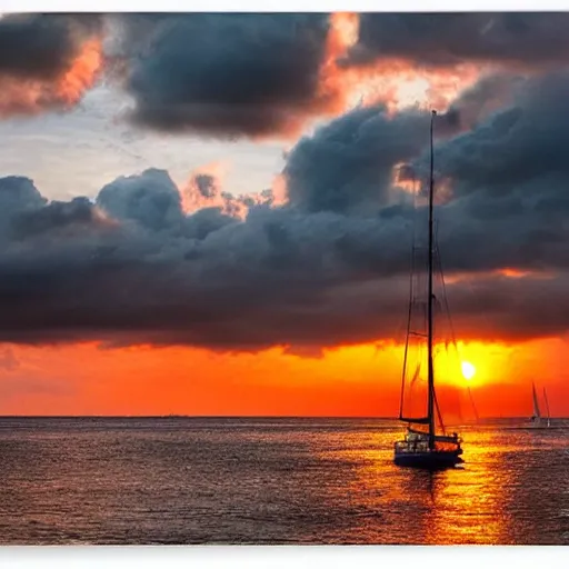 Prompt: spoonfuls of gloomy and dark clouds in a dark sky, with a warm sunset over the ocean leering towards the horizon where a sailboat is overshadowed by the waves, digital art