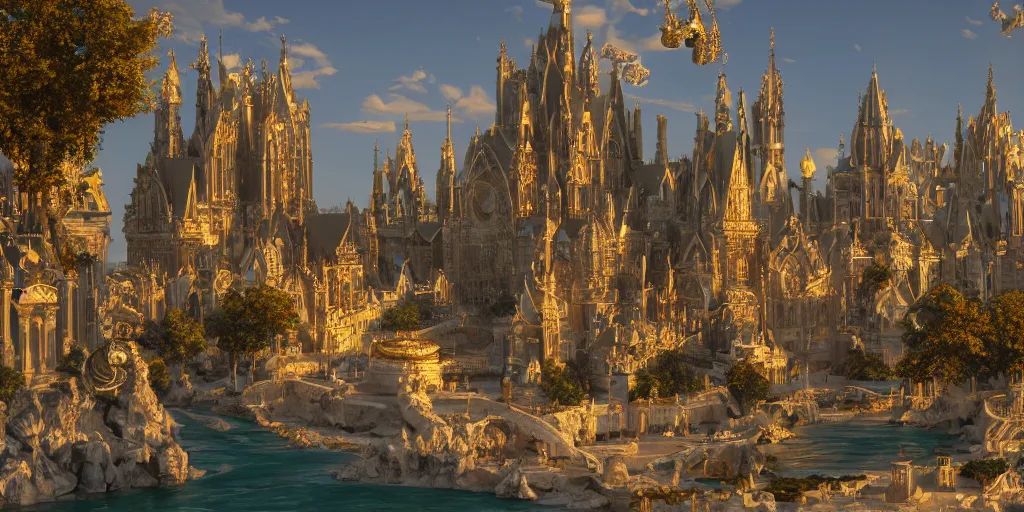 Prompt: rich fantasy city ornate, gold and marble, french elements, sand floating on a rock, shining sun, river, guilds, magic, sunlight rays, with trees and plants around Bordeaux and Britanny, trending on Artstation, 8K