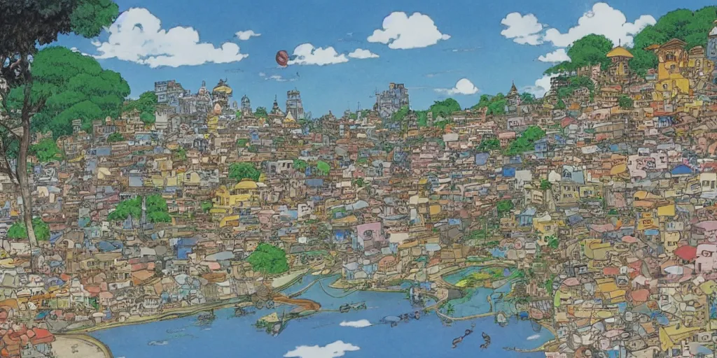 Image similar to cat looking at a sri lankan city, drawn by hayao miyazaki