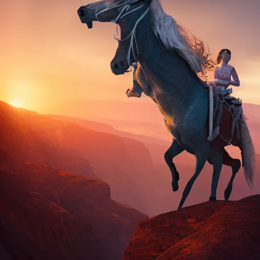 Image similar to spirit, from the spirit movie, with the girl lucky on his back riding next to a canyon into the sunset, movie poster, intricate detail, 8 k, trending on artstation, octane render