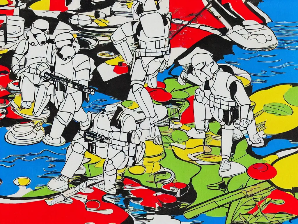 Image similar to close - up image of a japanese house with a pond, stormtroopers sitting around it, in style of pop - art, andy warhol, roy lichtenstein, jackie tsai, bright palette, acrylic on canvas