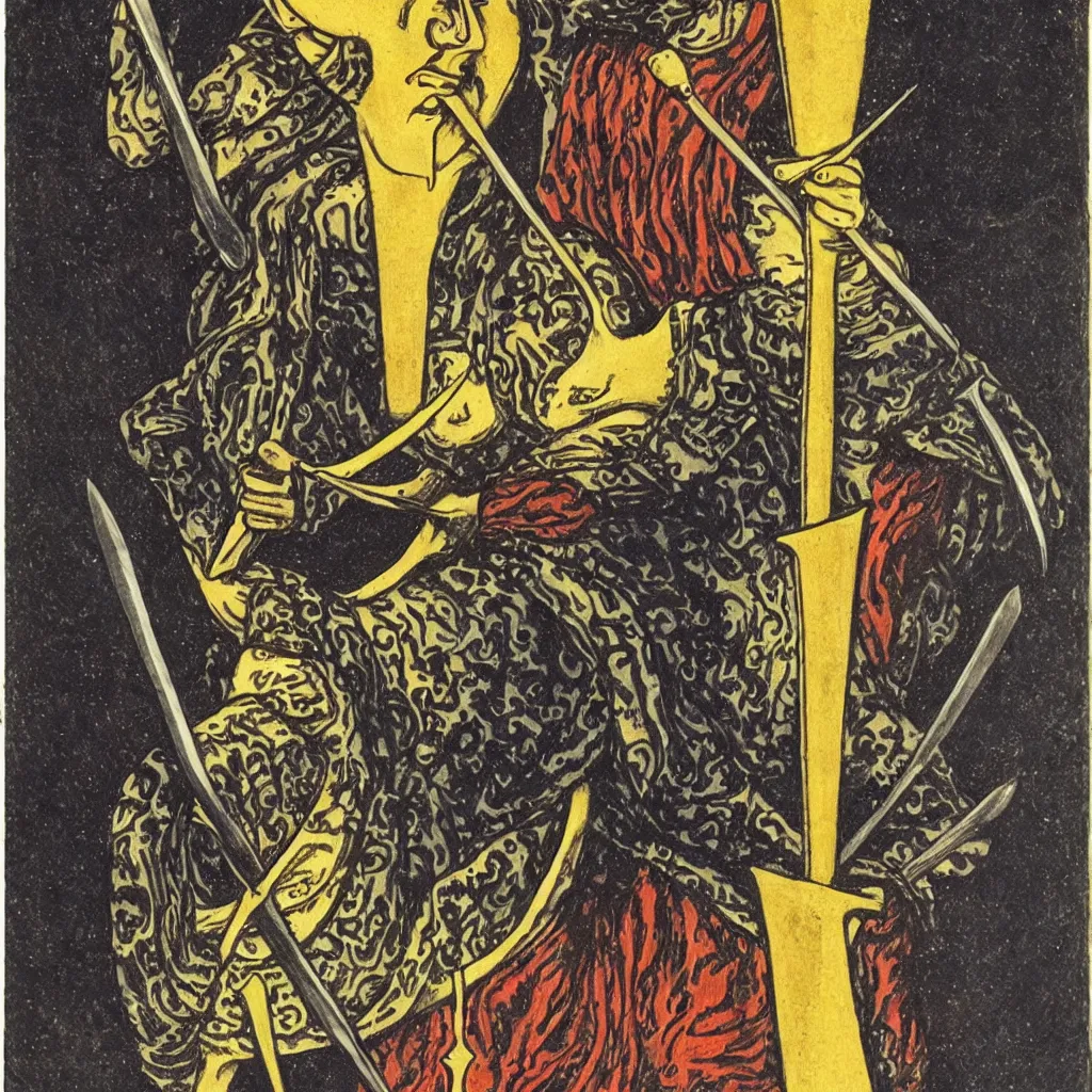 Prompt: the cup of swords reversed tarot card, by antonio segura donat,