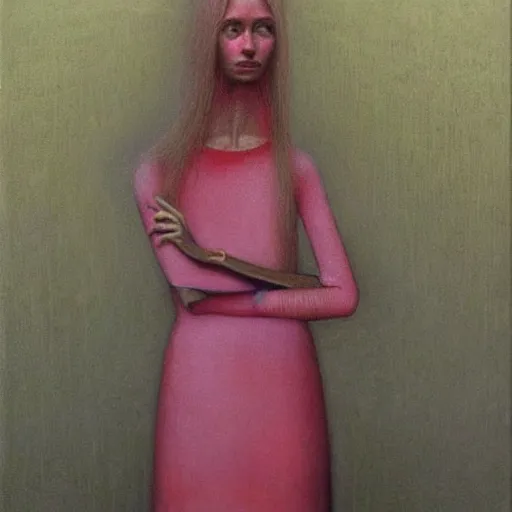 Prompt: young female in pink dress, painting by Beksinski