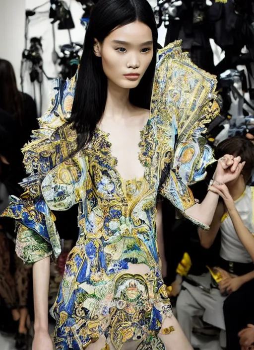 Image similar to A beautiful portrait of Ming Xi as a Versace fashion show Milan Spring/Summer 2012, highly detailed, in the style of cinematic, Getty images, fashion week backstage , Greg rutkowski