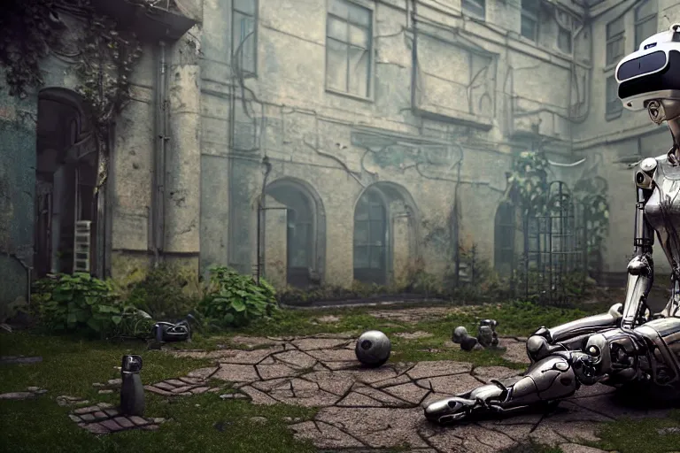 Image similar to Broken cyborg girl with VR helmet sitting on old courtyard with mud and an old playground between two soviet five-storey overgrown with ivy panel houses, high details, cinematic, 8k resolution, beautiful detailed, insanely intricate details, artstation trending, rule of third, octane render, unreal engine