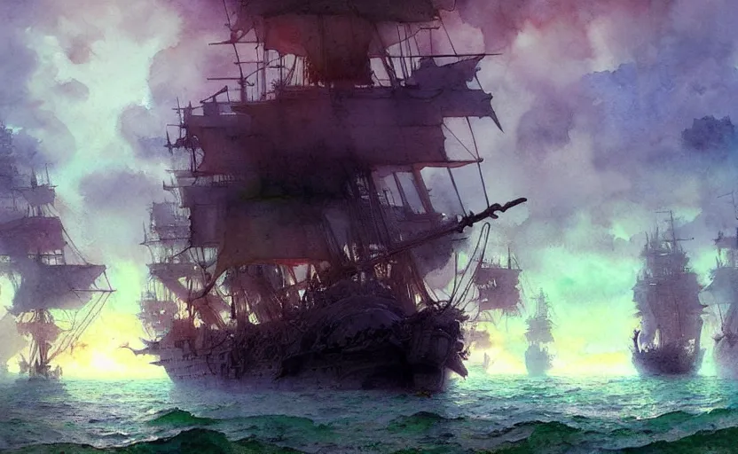 Image similar to pirate galleon fleet. intricate, amazing composition, colorful watercolor, by ruan jia, by maxfield parrish, by marc simonetti, by hikari shimoda, by robert hubert, by zhang kechun, illustration, gloomy, volumetric lighting, fantasy