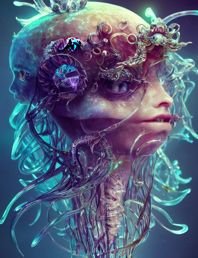 Image similar to goddess macro close - up portrait wigh crown made of ram skull. betta fish, jellyfish phoenix, bioluminiscent, plasma, ice, water, wind, creature, super intricate ornaments artwork by tooth wu and wlop and beeple and greg rutkowski