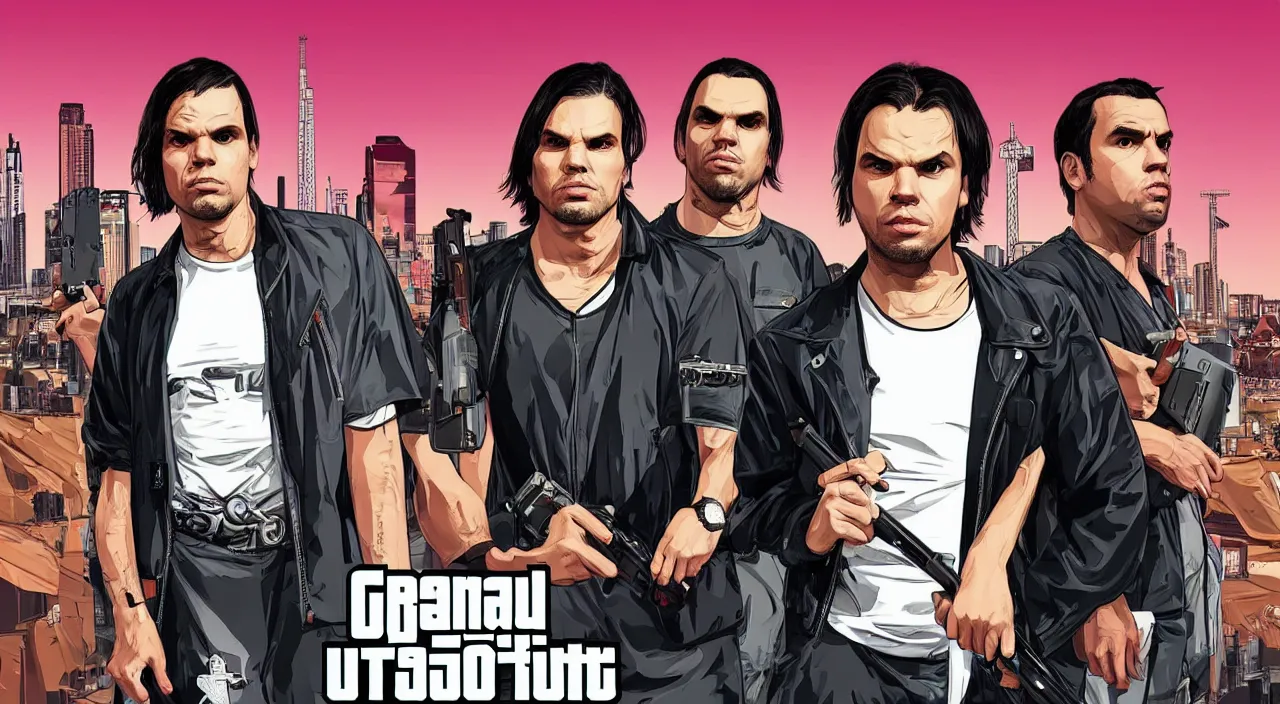 Prompt: Orelsan (2020) in a GTA V loading screen, posing alone, symmetrical face