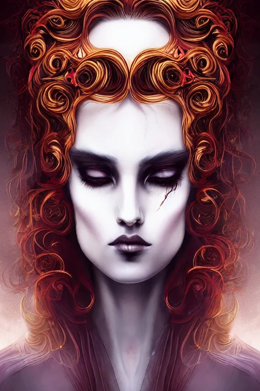 Prompt: bust of a prince of darkness , long hairs, gradient black red, dreamy and ethereal, orange eyes, golden ratio, vicious expression, ornate frilly suit,cloudy ghostly aspect, beautiful, dark fantasy, intricate, elegant, rainbow bubbles, highly detailed, digital painting, artstation, concept art, smooth,b sharp focus, illustration, black background art by artgerm and greg rutkowski and alphonse mucha