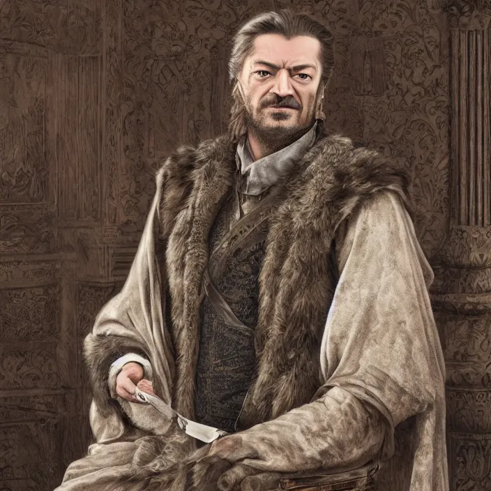 Image similar to professional photographic portrait of eddard stark as machiavelli in a venice bank, renaissance style, fine art piece, incredible detail, vray rendering, high octane,