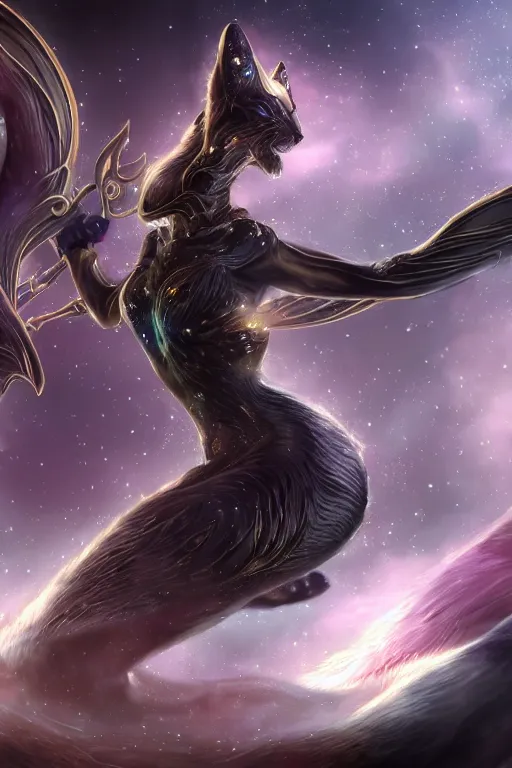 Image similar to galactic hyperdetailed elegant beautiful stunning giantess anthropomorphic munchkin cat cute female cat goddess, fluffy fur, sharp metal crest, bigger than galaxy, epic proportions, epic scale, epic size, warframe destiny fanart, furry, dragon art, goddess, giantess, furaffinity, octane render