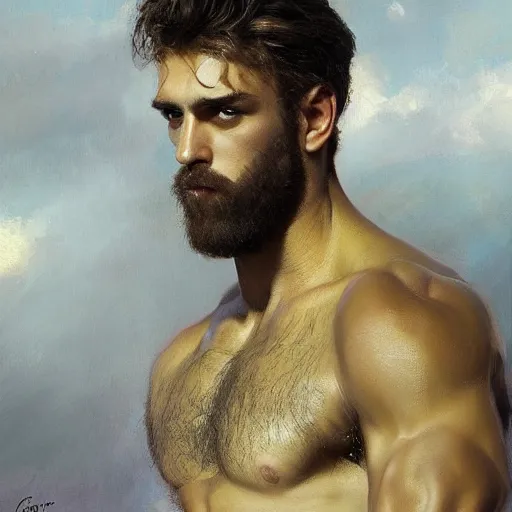 Prompt: handsome portrait of a young hairy guy fitness posing, war hero, lanky, radiant light, caustics, reflective, by gaston bussiere, bayard wu, greg rutkowski, giger, maxim verehin