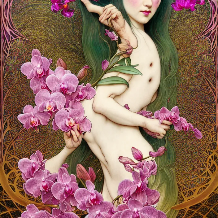 Image similar to psychedelic animal made of orchid and cherry blossom tree, diffuse lighting, fantasy, intricate, elegant, highly detailed, lifelike, photorealistic, digital painting, artstation, illustration, concept art, smooth, sharp focus, art by John Collier and Albert Aublet and Krenz Cushart and Artem Demura and Alphonse Mucha and Giuseppe Arcimboldo