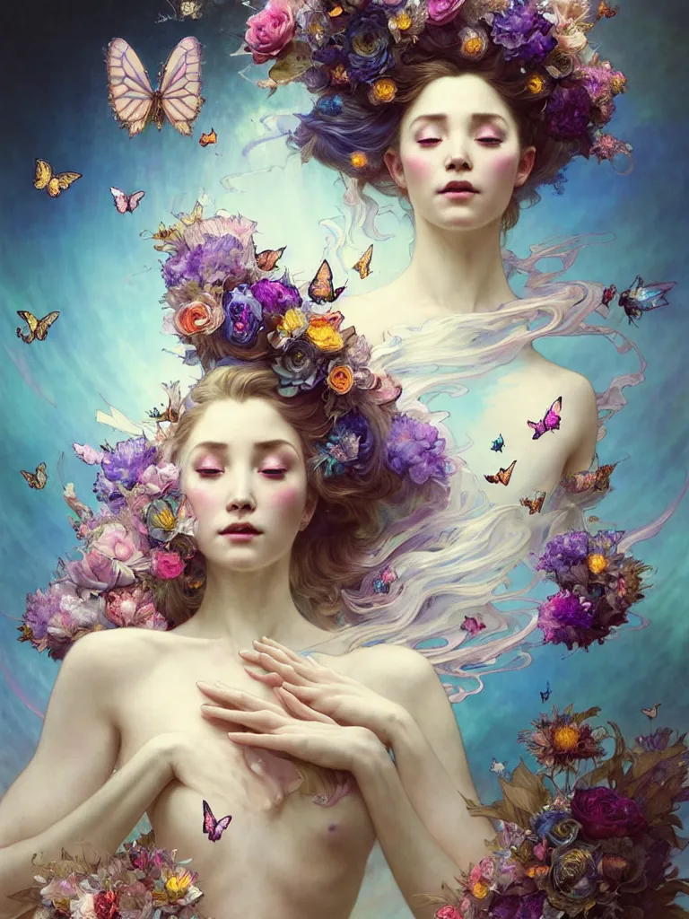 Prompt: Full View ultrarealistic Portrait ethereal fantasy deity wearing beautiful gown, rising in the air levitating, flowers, butterflies, calm, 4k digital masterpiece by Anna Dittman and Alberto Seveso Ruan Jia, rossdraws, artgerm and greg rutkowski and alphonse mucha and loish and WLOP, fantasycore, Hyperdetailed, fractals, scribble art, realistic digital painting, atmospheric, fireflies, soft lighting, featured on Artstation