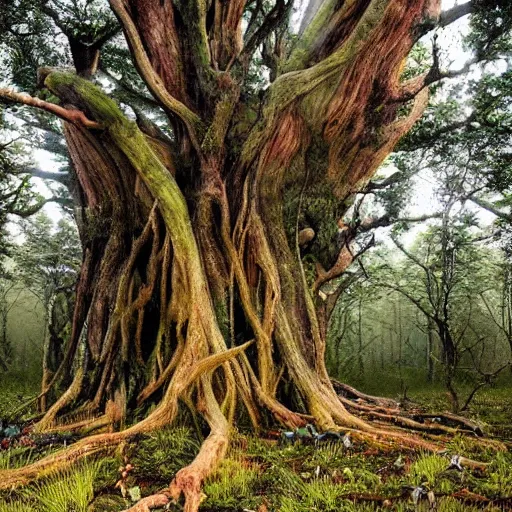 Image similar to horrific, spectacular tree in a thickly vegetated forest, fantasy, dreamlike sunraise, ultra realistic