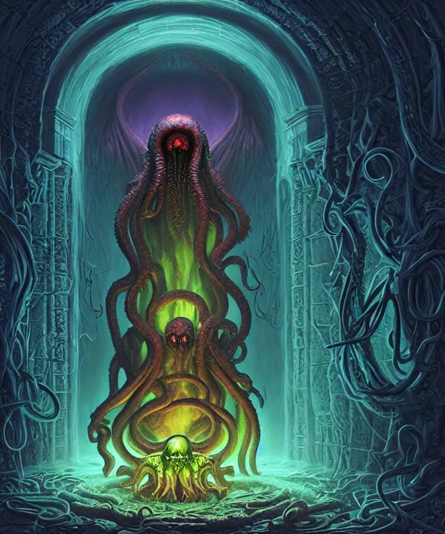 Prompt: hooded necromancer in front of a cthulhu within a viscosity fluid lovecraft portal, digital art by dan mumford and peter mohrbacher and wayne barlowe, intricate detail, subsurface scattering, ray tracing, unreal engine, octane render, synthwave color scheme