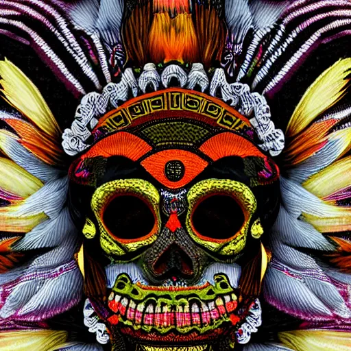 Image similar to new born baby, self - portrait, symmetry, intricate, dia de los muertos, skull mask, aztec ultra detailed feathered dress, 8 k resolution,