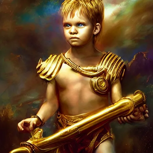 Prompt: stunning portrait of 3yo greek argonaut Orpheus wearing a golden lyre, painting by Raymond Swanland, cyberpunk, sci-fi cybernetic implants hq