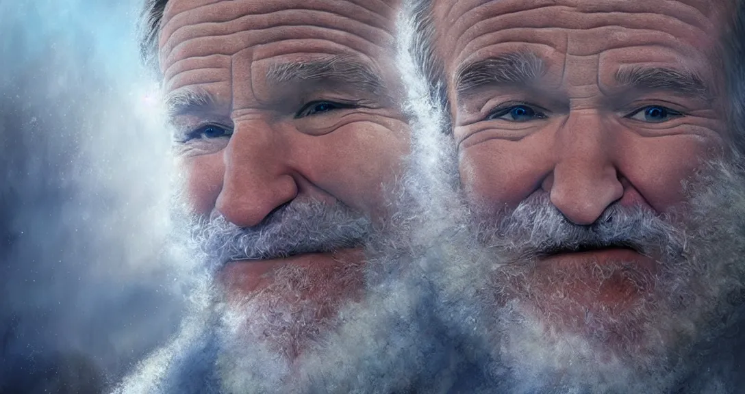 Image similar to robin williams is god, white beard, clouds, heaven, blue eyes, white robe, intricate, detailed, volumetric lighting, scenery, digital painting, highly detailed, artstation, sharp focus,, alex ross, ruan jia, steve mccurry