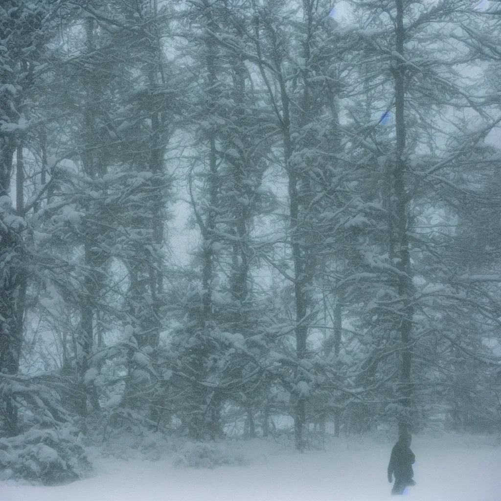 Image similar to photo, bigfoot is hiding in the background. cold color temperature, snow storm. hazy atmosphere. humidity haze. kodak ektachrome, greenish expired film, award winning, low contrast