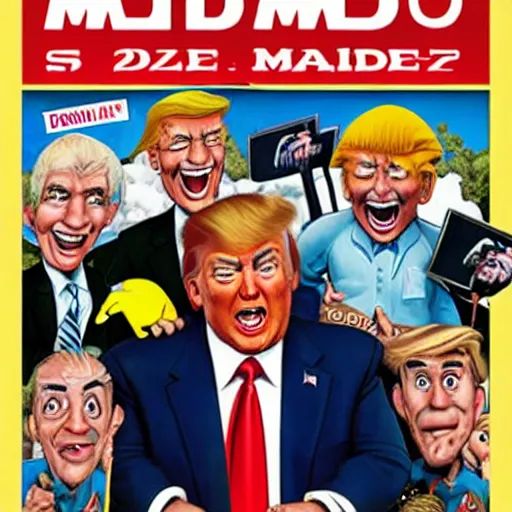 Prompt: Donald Trump on the cover of MAD MAGAZINE coverart stly Al Gaffee