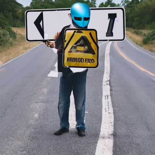 Prompt: a man wearing armor made of roadsigns