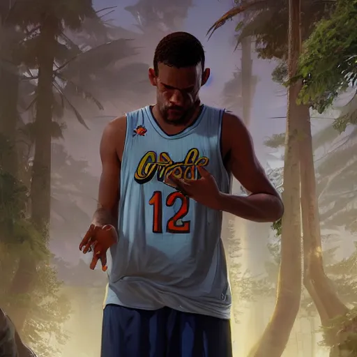 Image similar to highly detailed basketball player, in gta v, stephen bliss, unreal engine, fantasy art by greg rutkowski, loish, rhads, ferdinand knab, makoto shinkai and lois van baarle, ilya kuvshinov, rossdraws, tom bagshaw, global illumination, radiant light, detailed and intricate environment