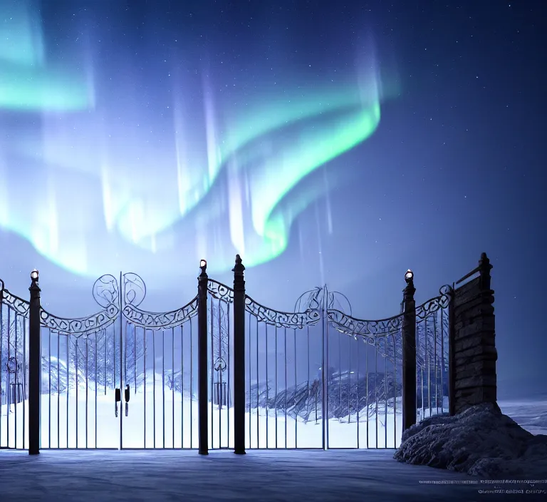 Image similar to a very detailed concept art of intricate and scandinavian white gates to aurora borealis, trending on artstation, symmetry, digital art, 4 k, hyper realistic, octane render, sharp focus