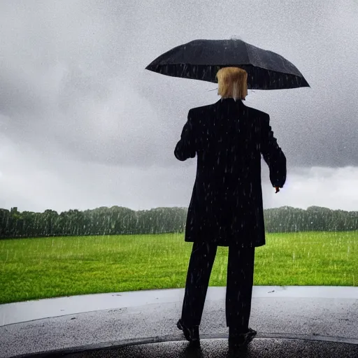 Image similar to 4 k hdr full body wide angle sony portrait of donald trump showering in a rainstorm with moody stormy overcast lighting