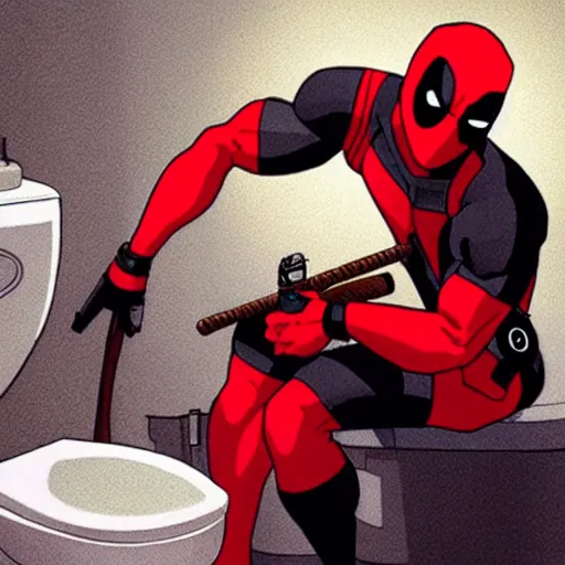 Image similar to Deadpool sitting on the toilet in galaxy, by studio ghibli