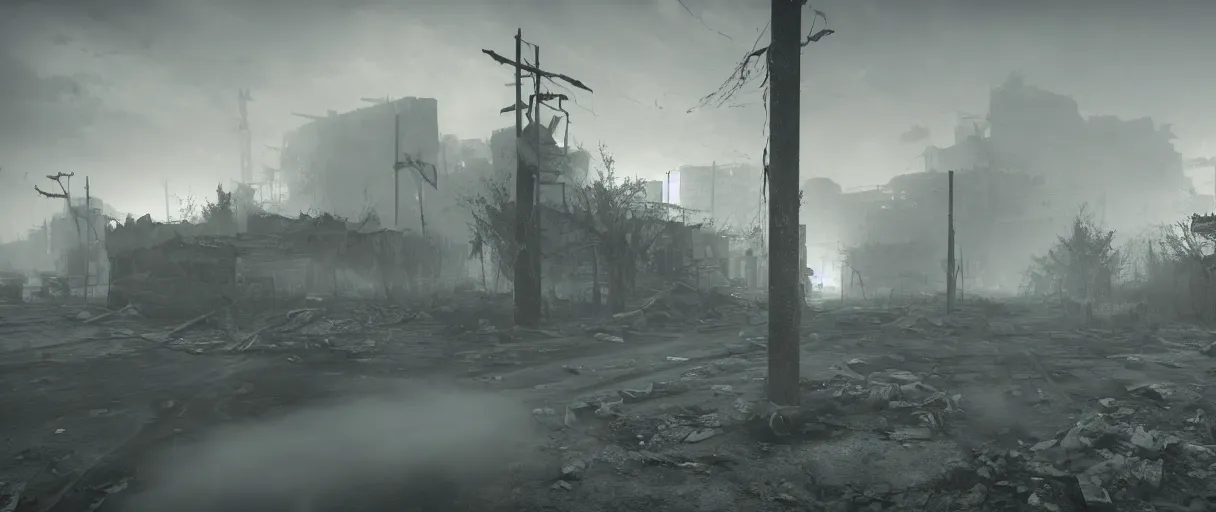 Image similar to post-apocalyptic urban warfare nightmare, decaying wasteland enshrouded in swirls of radioactive fog , high quality, volumetric lighting, cryengine, 8k