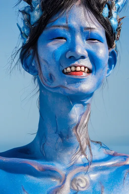 Image similar to a chinese woman dressed as a blue-skinned triton standing on a beach, blue body paint, high resolution film still, 8k, HDR colors, cosplay, outdoor lighting, high resolution photograph, photo by bruce weber, beautiful symmetric face