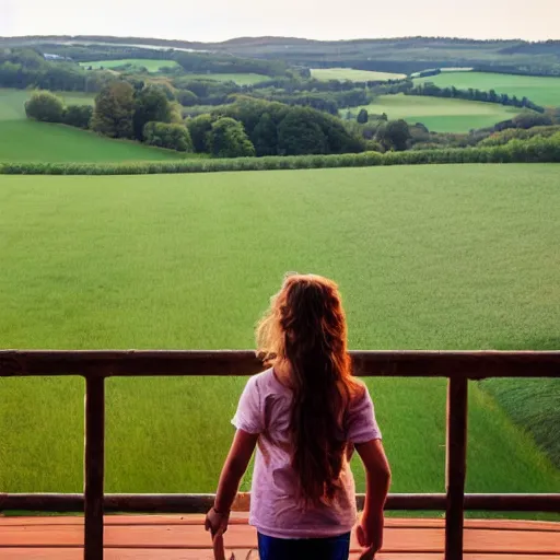 Prompt: a girl looking out of her small deck looking at the large fields in the countryside during sunrise