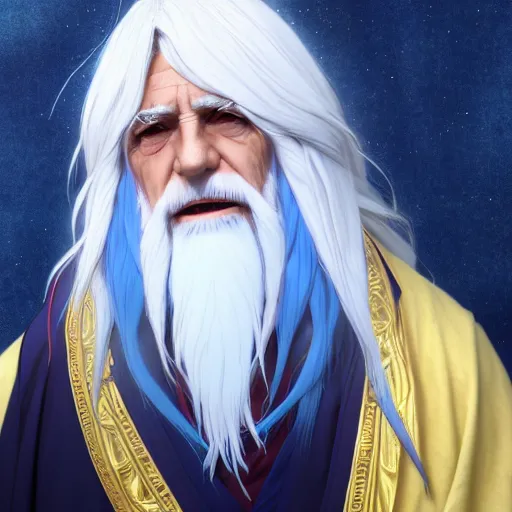 Prompt: card art of an old wizard with long white hair wearing blue and golden robes, makoto shinkai, very detailed, realistic face, detailed face, matte, tonemapping, bbwchan, perfection, 4K, William-Adolphe Bouguereau