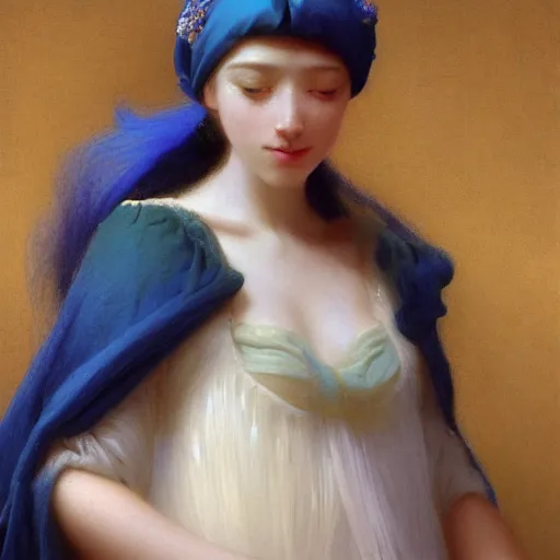 Image similar to a young woman's face, her hair is white and she wears an indigo blue satin cloak, by ivan aivazovsky and syd mead and moebius and gaston bussiere and roger dean and pieter claesz and paul delaroche and alma tadema and aelbert cuyp and jan heem, hyperrealistic, volumetric light, octane render