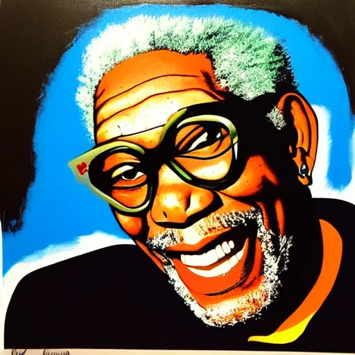 Prompt: portrait of laughing Morgan Freeman . Morgan's shoulders are in the frame. Morgan looks sternly straight into the camera and wears designer sun glasses. painting in the style of Andy Warhol