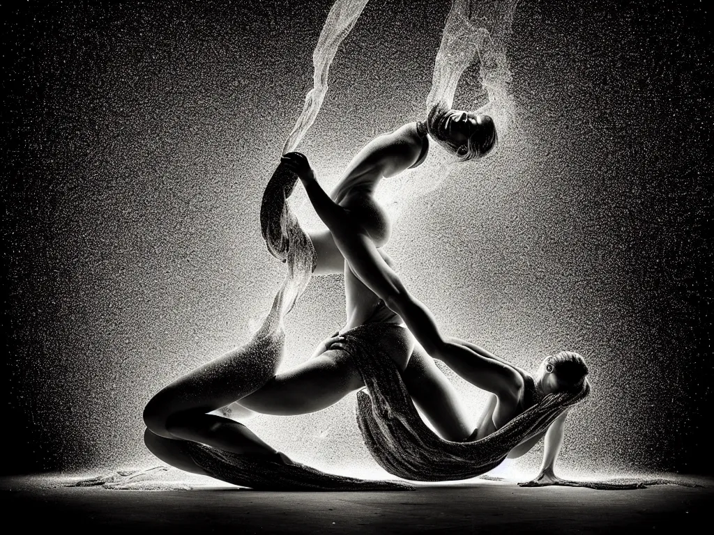 Image similar to a perfect photograph of an exploding woman made of undulating granite. she is erupting, floating, contorted and tied in a knot. perfect focus, studio lighting, geysers monrovia
