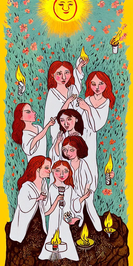 Image similar to small impish joyful creature in white robe with glowing eyes and sun ray flame hair holding lit matches and singing, three sisters visiting, The Queen in the Cave Children's book illustration, traditional folk art style, gouache on paper, outsider art, David Palladini, Mu Pan, Carson Ellis, Julia Sarda