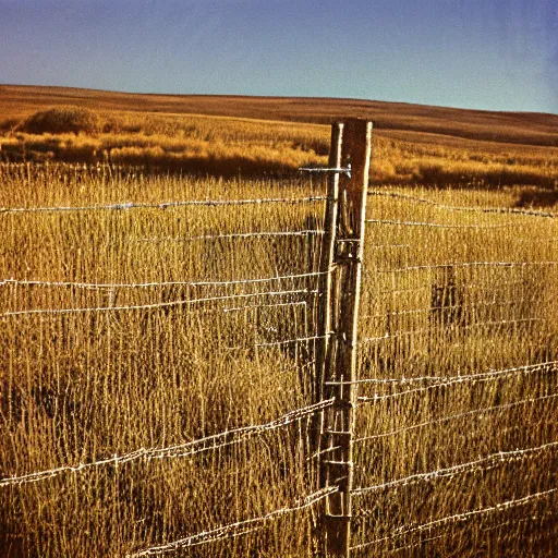 Prompt: photo, wyoming, barbed wire fence, kodak ektachrome 1 2 0, 2 6 mm,