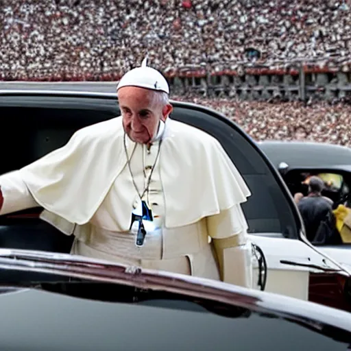 Image similar to a photo of the pope driving demolition derby