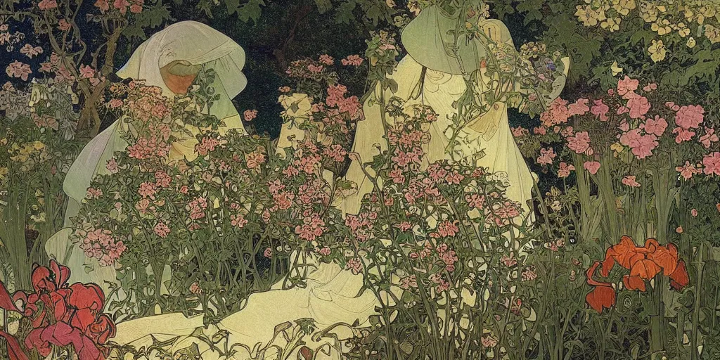 Image similar to a painting of a beautiful garden, isometric view, painted by alphonse mucha and hieronymus bosch and hasui kawase, dramatic lighting, vivid colours.