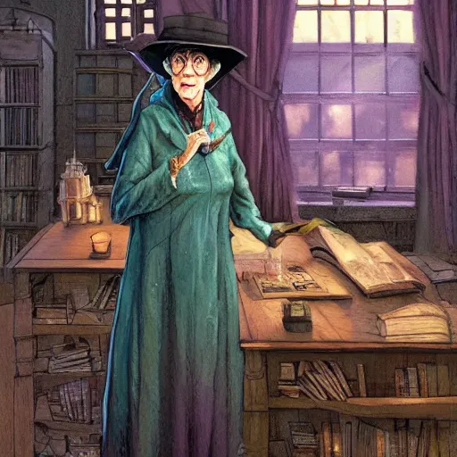 Image similar to Granny Weatherwax as a rigorous professor in Hogwarts School of Witchcraft and Wizardry, detailed, hyperrealistic, colorful, cinematic lighting, digital art by Paul Kidby and Jim Kay