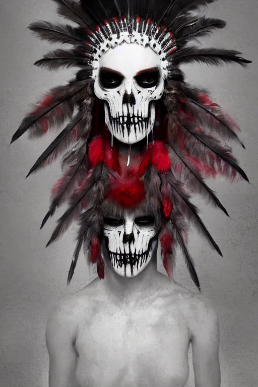 Image similar to the ghost - spirit of the grim - warpaint wears the scarlet skull armor and native blood headdress feathers, midnight fog - mist!, dark oil painting colors, realism, cinematic lighting, various refining methods, micro macro autofocus, ultra definition, award winning photo