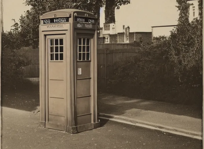 Image similar to photo of a metropolitan police box on a street in suburban london, police box, 1936, sepia