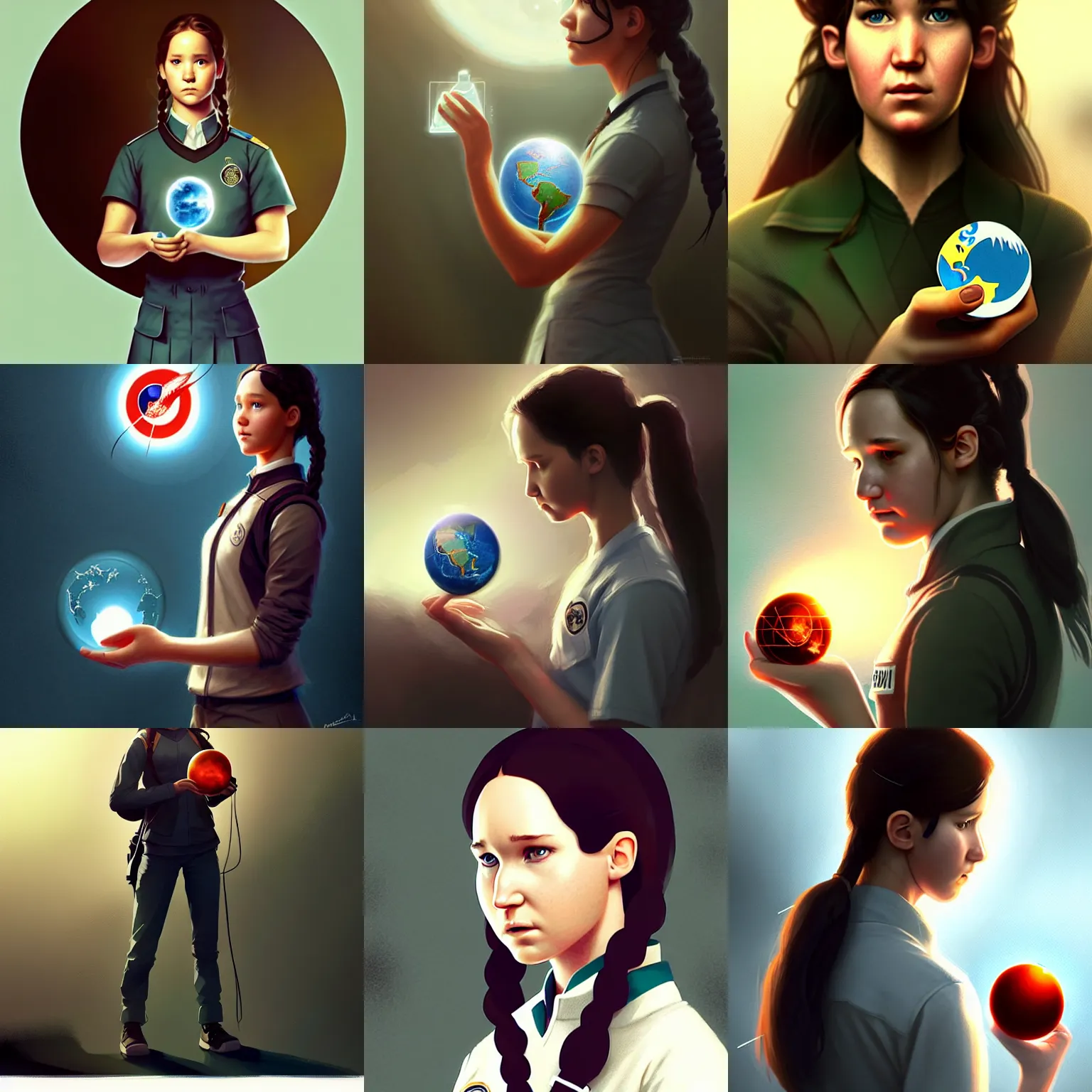 Prompt: a laboratory, ( ( ( ( ( katniss everdeen ) ) ) ) ) as a student, wearing a school uniform, is holding a tiny planet earth, digital art, greg rutkowski, artstation