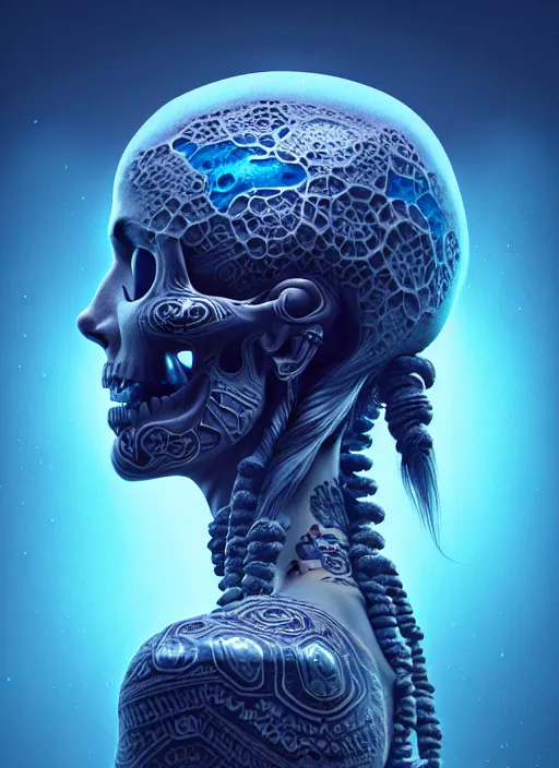 Image similar to 3 d shaman with tattoos profile portrait, sigma 5 0 0 mm f / 5. beautiful intricate highly detailed skull. bioluminescent, plasma, frost, water, wind, creature, gradient background, thunderstorm! artwork by tooth wu and wlop and beeple and greg rutkowski, 8 k trending on artstation,