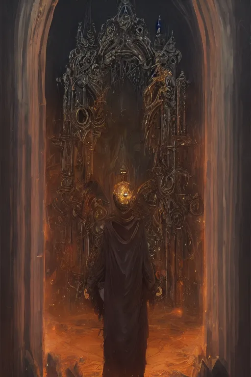 Prompt: portrait of an ominous mysterious bright buglike religious figure performing a dark ritual, oil on canvas, gothic style, ornate, elegant, highly detailed, concept art, trending on artstation