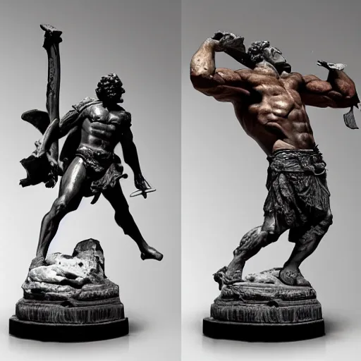 Image similar to Cult of Mithras, Roman marble statue of young man, muscled bodied, Mithras fighting a bull, epic, cinematic, dark, dystopian, battle damaged, in the style of Ashley Wood