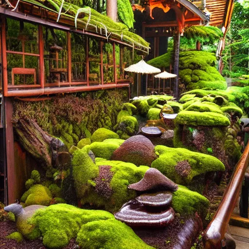 Prompt: pacific northwest tea house, moss, reishi mushrooms, teapots, forest themes, beautiful elaborate interior design, modern teahouse design, j-tea international